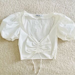 Zara White Cropped Puffy Sleeve Top